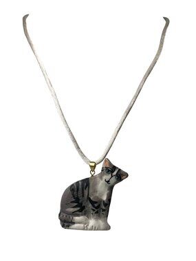 Vintage 90s Tabby Cat Pendant Necklace Animal Lovers Gift Feline Crazy Cat Lady